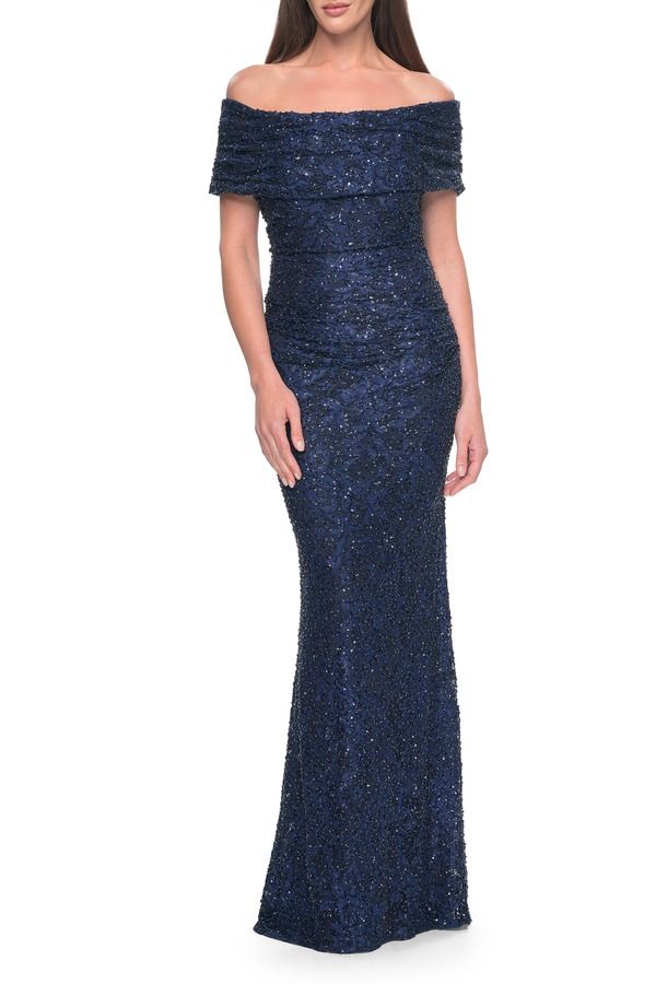 ラフェム レディース トップス ワンピース ギャザー レース La Femme Off the Shoulderuched Beaded Laceveningownavy ネイビー