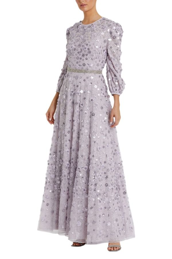 マックダガル レディース トップス ワンピース A ライン ハイネック フラワー柄 フラワー Mac Duggal Womens Floral Applique Puff Sleeve High Ne