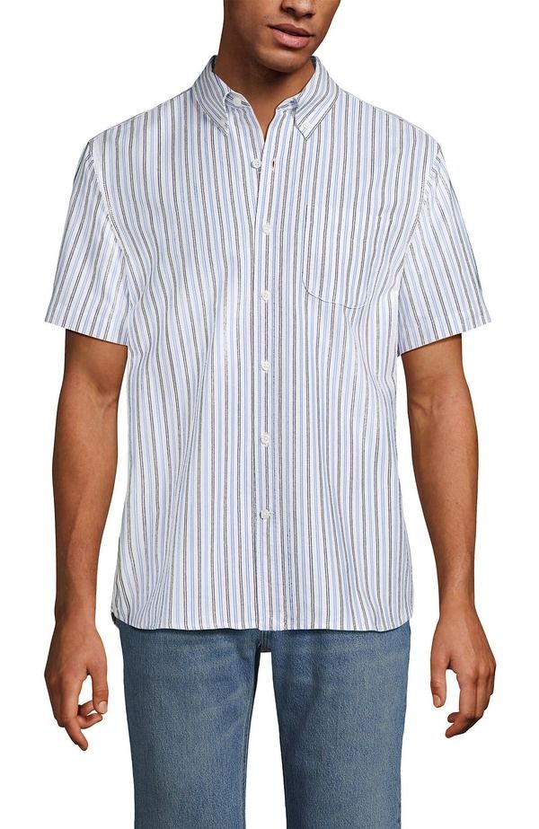 ランズエンド メンズ トップス シャツ Lands End Short Sleeve Sail Rigger Shirt WhiteSoft French Blue Stripe ホワイト