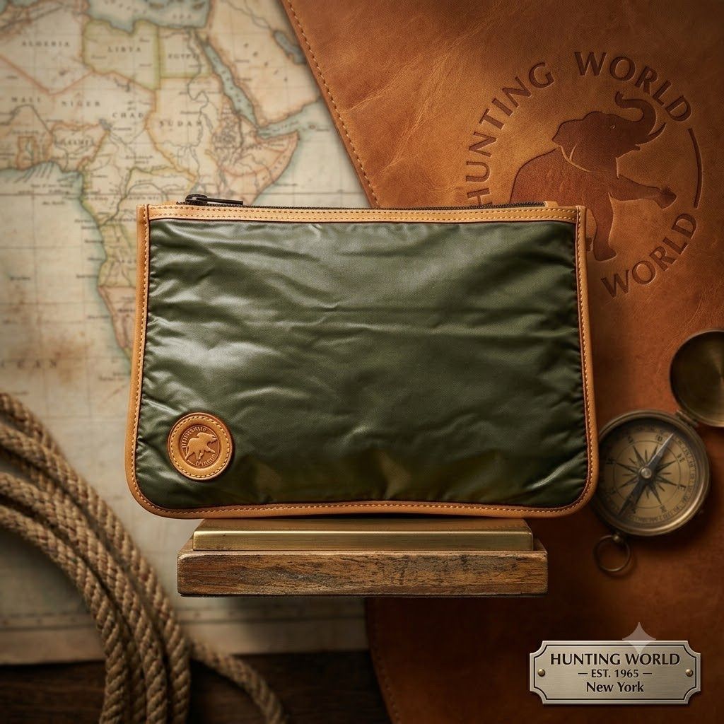 Hunting World Hunting World Pouch Clutch Bag Second Bag Batu Cross Nylon Khaki Green Leather Mens Womens Unisex