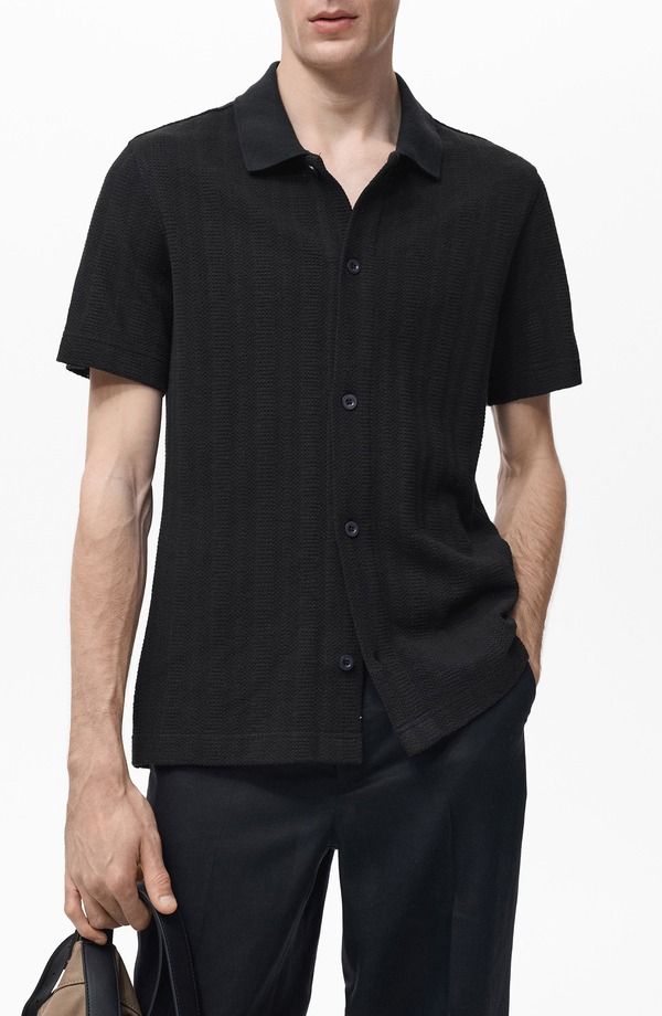 マンゴ メンズ トップス シャツ ニット MANGO Short Sleeve Structured Knit ButtonUp Shirt Black ブラック