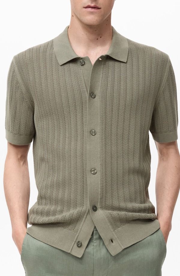 マンゴ メンズ トップス シャツ ニット MANGO Textured Short Sleeve Knit ButtonUp Shirt Khaki Green グリーン 20,060円