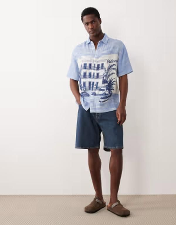 エイソス メンズ トップス シャツ プリント ASOS DESIGN relaxed shirt with beach print BLUE ブルー