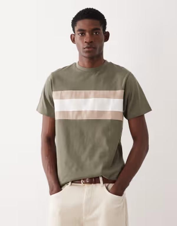 エイソス メンズ トップス Tシャツ コントラスト ASOS DESIGN heavyweightshirt with contrast panel Dusty olive オリーブ