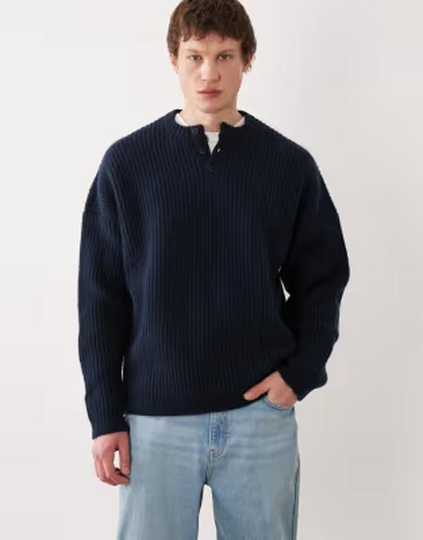 エイソス メンズ アウター ニット・セーター ASOS DESIGN extreme oversized knit henley sweater NAVY ネイビー