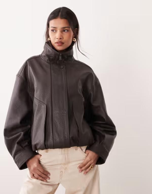マンゴ レディース アウター ジャケット・ブルゾン スタンドネック キャップ レザー Mango Capsule 100 leather funnel neck jacket in chocolate 104,390円