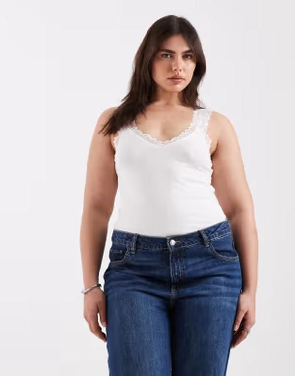 ヴェロモーダ レディース トップス タンクトップ レーストリム レース ジャージー Vero Moda Curve jersey tank top with lace trim Snowhite ホワ