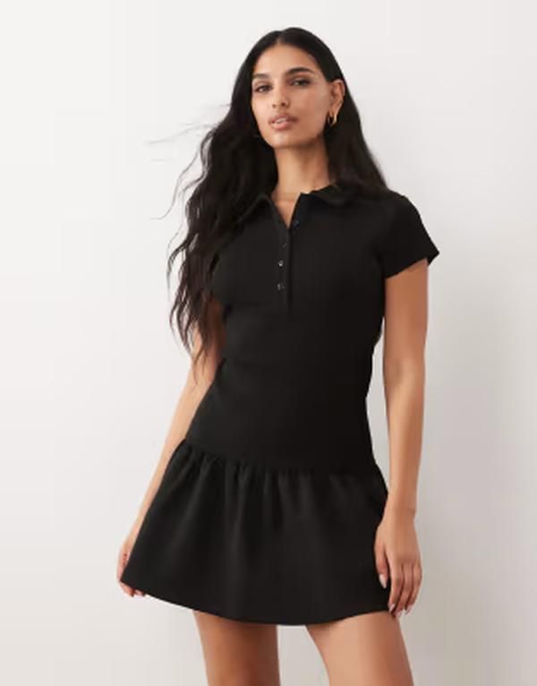 エイソス レディース トップス ワンピース ポロシャツ ミニ ASOS DESIGN hybrid rib interlock peplum hemini polo dress Black ブラック