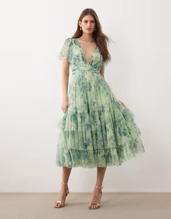 レース アンド ビーズ レディース トップス ワンピース プリント ミディ Lace Beads Madison midi dress in sage green print Sage Print G 36,270円