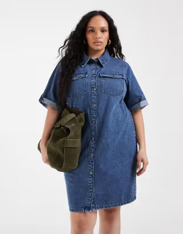 ヴェロモーダ レディース トップス ワンピース ミニ デニム Vero Moda Curve short sleeve button front denimini dress in medium bl 18,965円