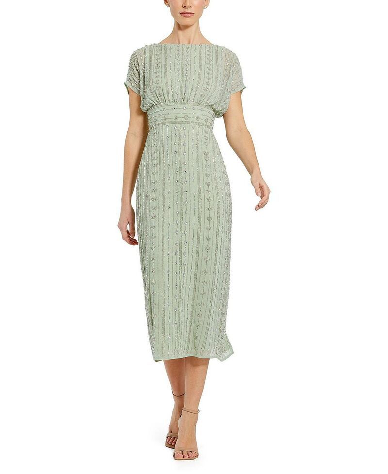マックダガル レディース トップス ワンピース ミディ キャップ Mac Duggal Beaded Cap Sleeve Column Midi Dressage セージ