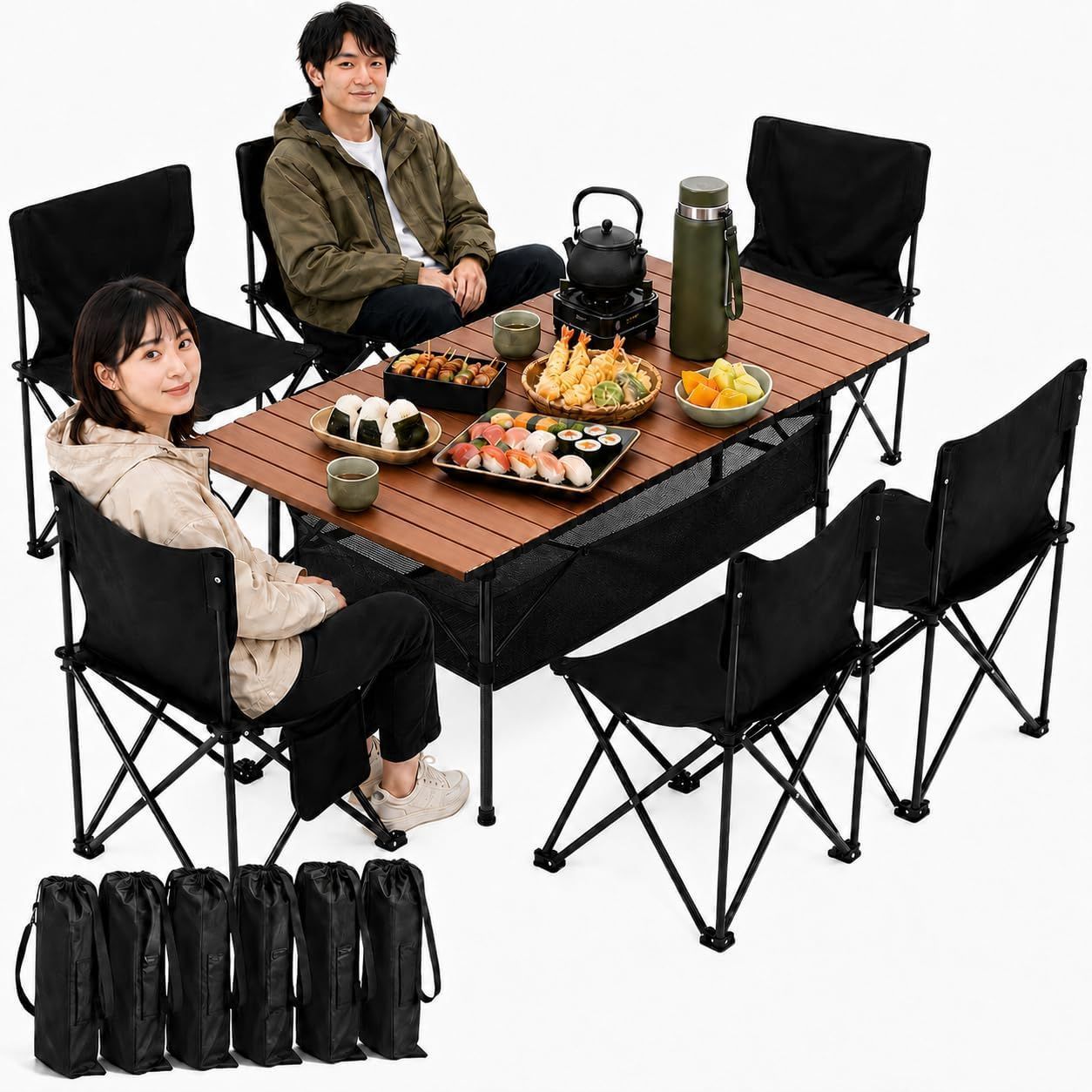 【特価商品】幅120×奥行57×高さ50cm 折りたたみテーブル＆イス 収納バッグ付き 簡単組立て 花火大会・ピクニック・BBQ・お花見・お祭りに キャンプ用 野外レジャー ガーデニング アウトドアテーブルセット テント用（木目調 7点セット）