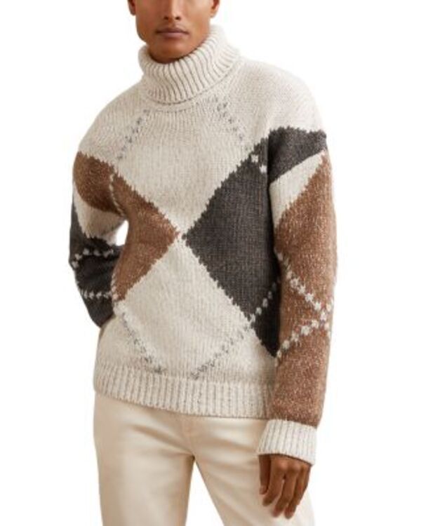 レイス メンズ アウター ニット・セーター リラックスフィット REISS Kennedy Relaxed Fit Roll Neck Argyle Sweater Camel Brown ブラウン