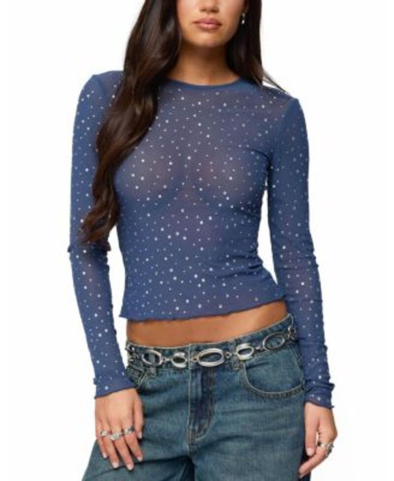 アディクテッド レディース トップス シャツ メッシュ Edikted Anari Rhinestone Mesh Top Blue ブルー