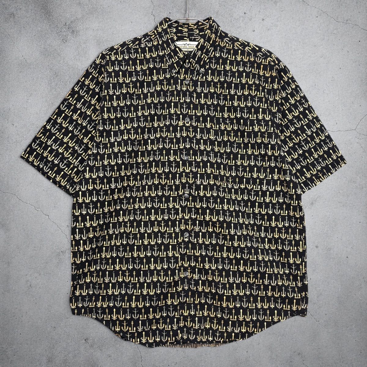 90s NATURAL ISSUE Anchor Pattern BD S/S Shirt M Black ナチュラルイシュー アンカー 錨 総柄 黒 ボタンダウン 半袖シャツ 古着