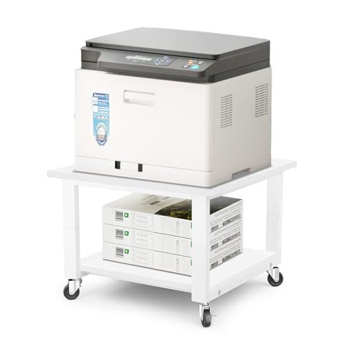 DEWEL プリンターラック幅50cm×奥行50cm 高さ35cm 耐荷重150KG 2段プリンター台 キャスター付き デスクワゴン 中棚 下棚 高さ調整可能 取り付け簡単 収納棚 オフィス 家庭用/オフィス用/仕事 (ホワイト)ｍａ