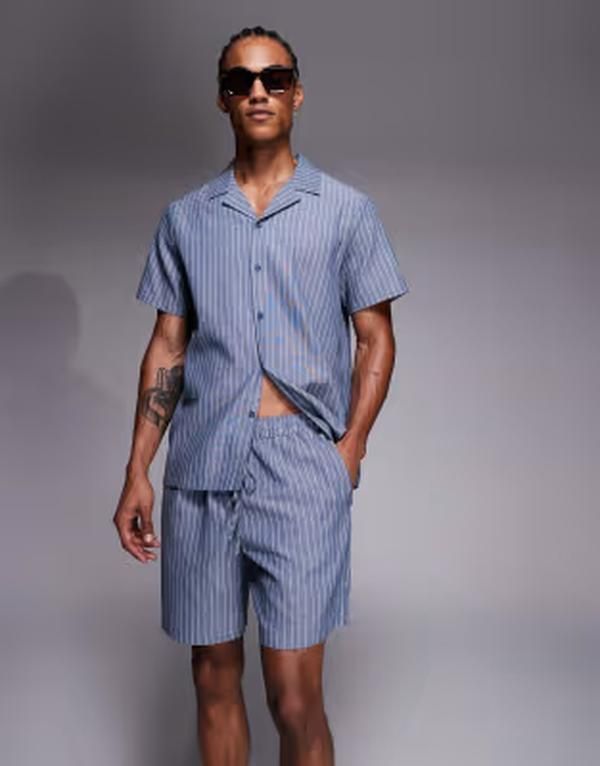 サウスビーチ メンズ ボトムス ハーフパンツ・ショーツ ショートパンツ リネン South Beach linen mix shorts in faded blue stripes FADED BLU