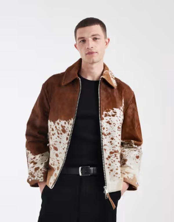 オールセインツ メンズ アウター ジャケット・ブルゾン プリント レザー AllSaints Garrison zip up leather jacket in cow print Cow print
