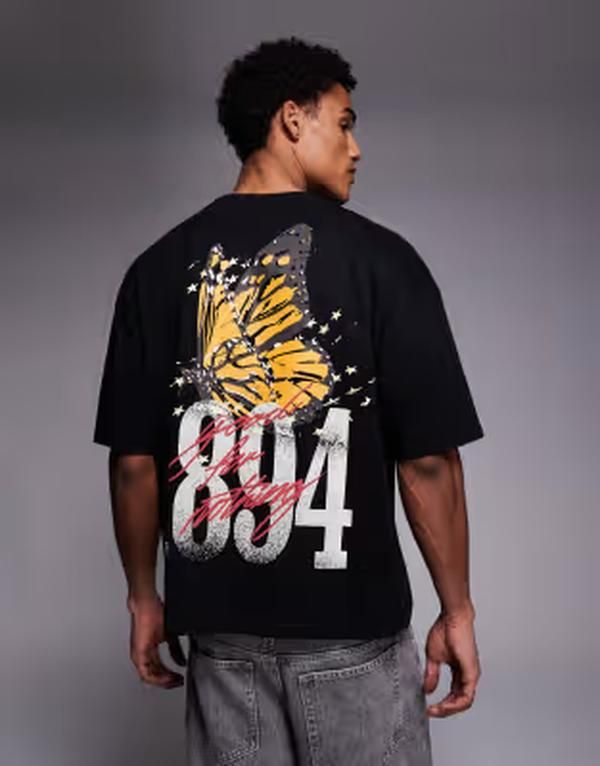 グッドフォーナッシング メンズ トップス Tシャツ プリント Good For Nothing oversized tshirt with butterfly print Black ブラック