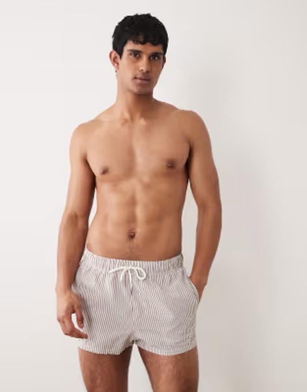 エイソス メンズ 水着 ハーフパンツ・ショーツ ショートパンツ ASOS DESIGN super short length seersucker swim shortstripes BROWN ブラ