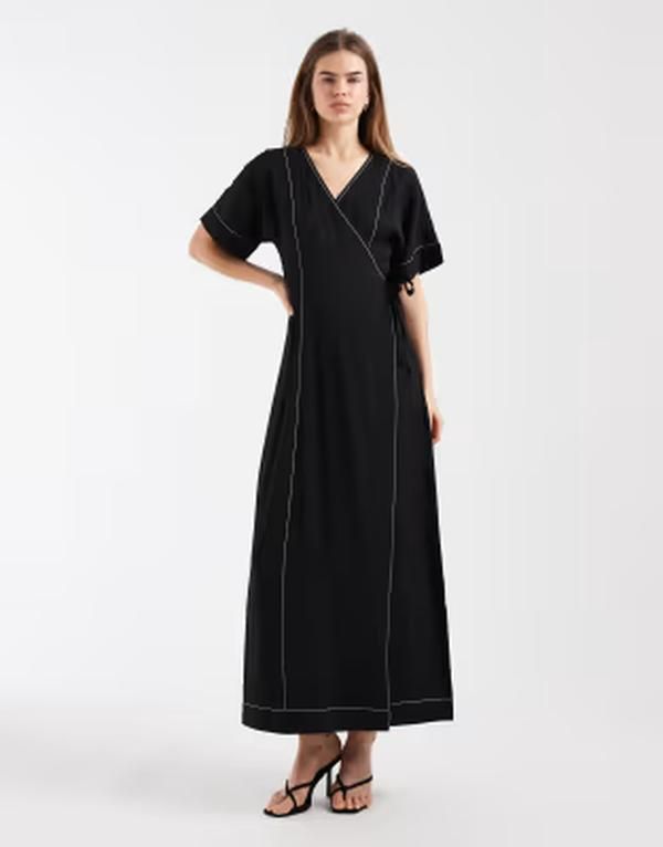 オブジェクト レディース トップス ワンピース コントラスト マキシ Object long maxi wrap dress with cream contrastitching Black ブラック