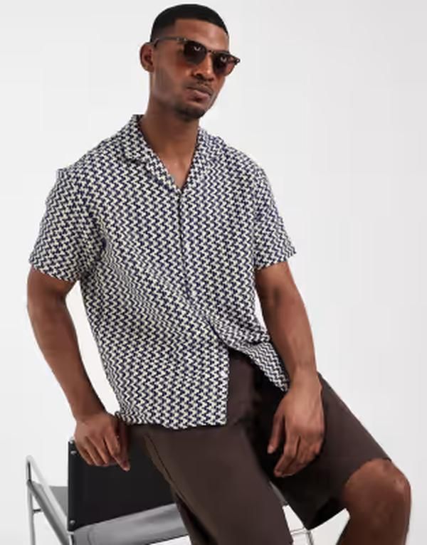 ジャック アンド ジョーンズ メンズ トップス シャツ プリント Jack Jones textured print shirt Sky captain ネイビー