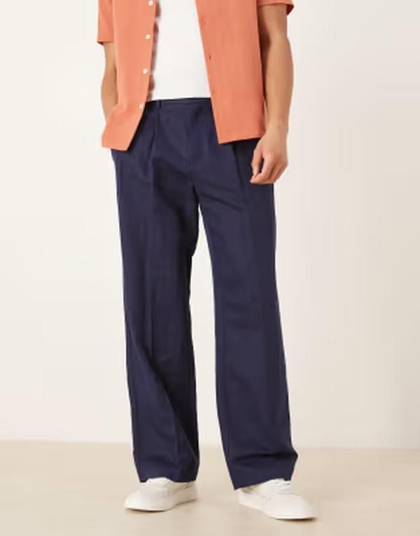 エイソス メンズ ボトムス カジュアルパンツ ワイドレッグ リネン ASOS DESIGN linen rich wide leg dress pants with double pleats NAV
