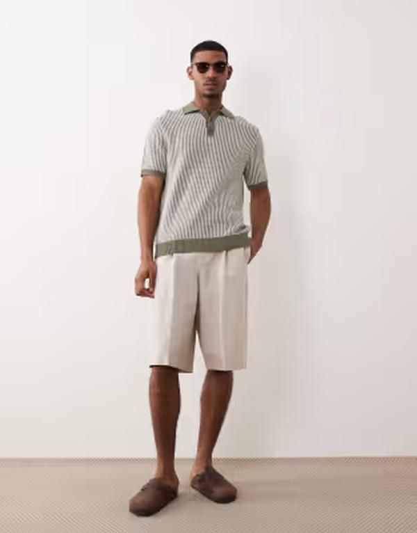エイソス メンズ ボトムス ハーフパンツ・ショーツ ショートパンツ リネン ASOS DESIGN linen rich oversized bermuda dresshorts in stone ス