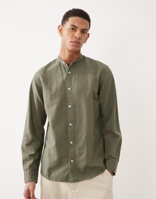 ジャック アンド ジョーンズ メンズ トップス シャツ リネン Jack Jones linen blend shirt with stand collar Dusty olive オリーブ