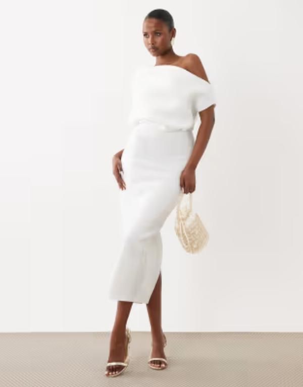 エイソス レディース トップス ワンピース ミディ スキューバ ASOS DESIGN Bridal dramatic neckline midi dresscubastyle fabric Whit