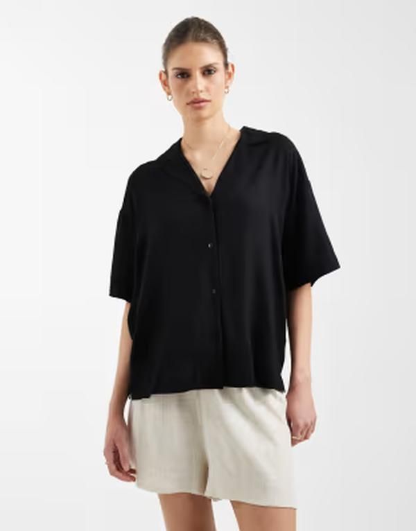 エイソス レディース トップス シャツ リネン ASOS DESIGN camp collar linen shirt Black ブラック