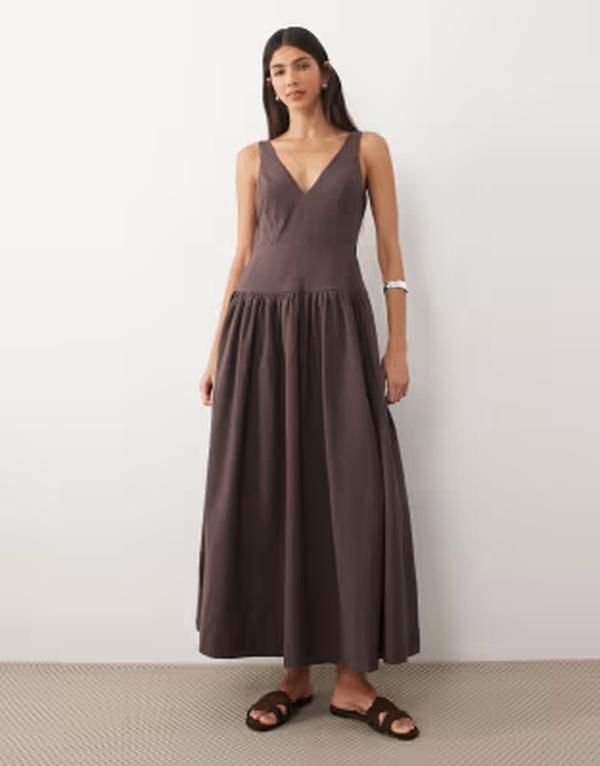 エイソス レディース トップス ワンピース Vネック ASOS DESIGN deep vneck dropped waist midaxi sundress Brown ブラウン