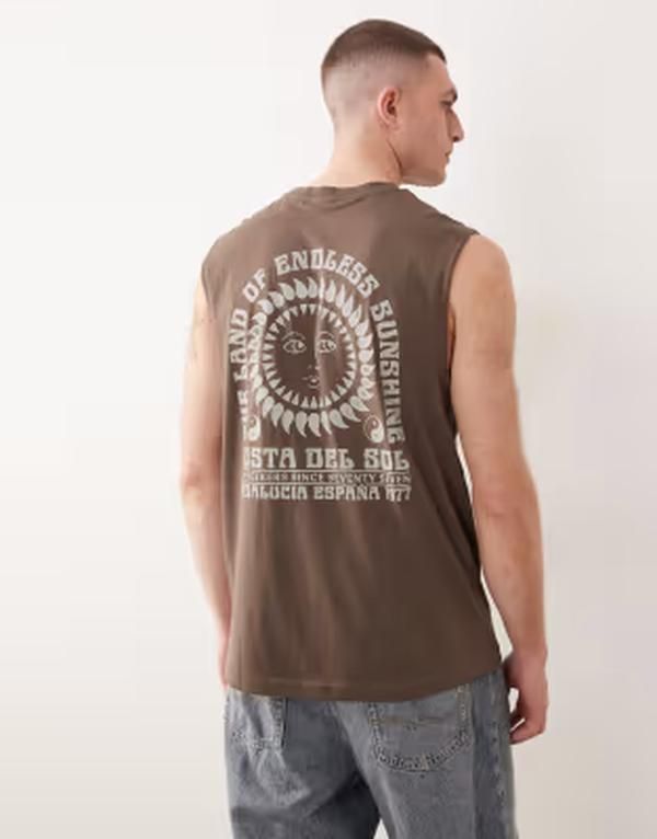 オンリーアンドサンズ メンズ トップス ベスト プリント ONLY SONS oversized tank with sun back print Major brown ブラウン