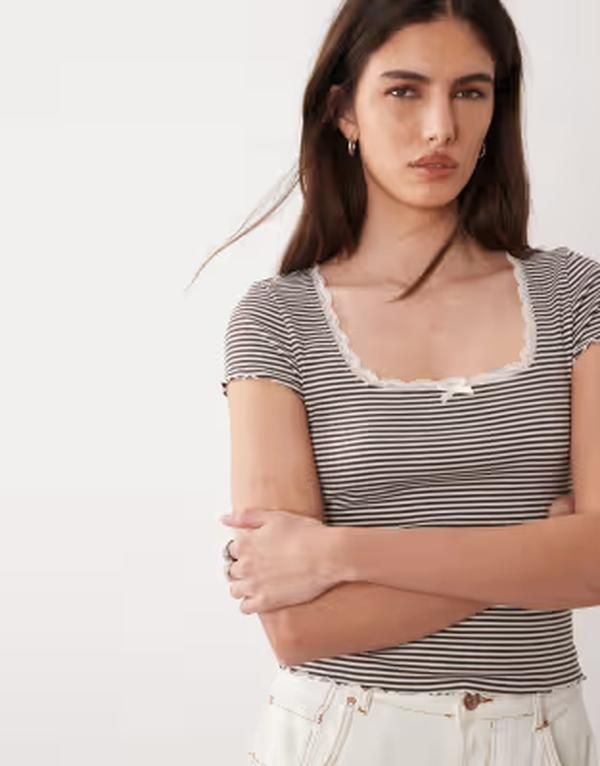 ミスセルフフリッジ レディース トップス シャツ レーストリム レース Misselfridge striped square neck lace trim short sleeve top STRI