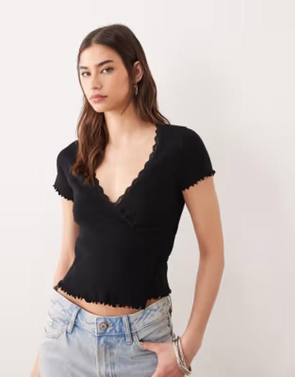 ミスセルフフリッジ レディース トップス シャツ Misselfridge pointellettuce detail wrap top Black ブラック