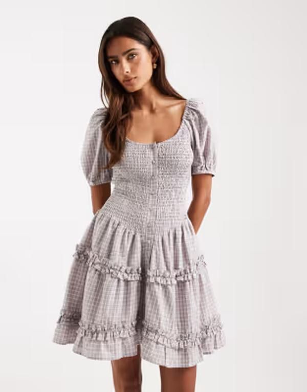 デイジーストリート レディース トップス ワンピース フリル ミニ Daisy Street shirredrop waist ruffle mini dress in light check Lig