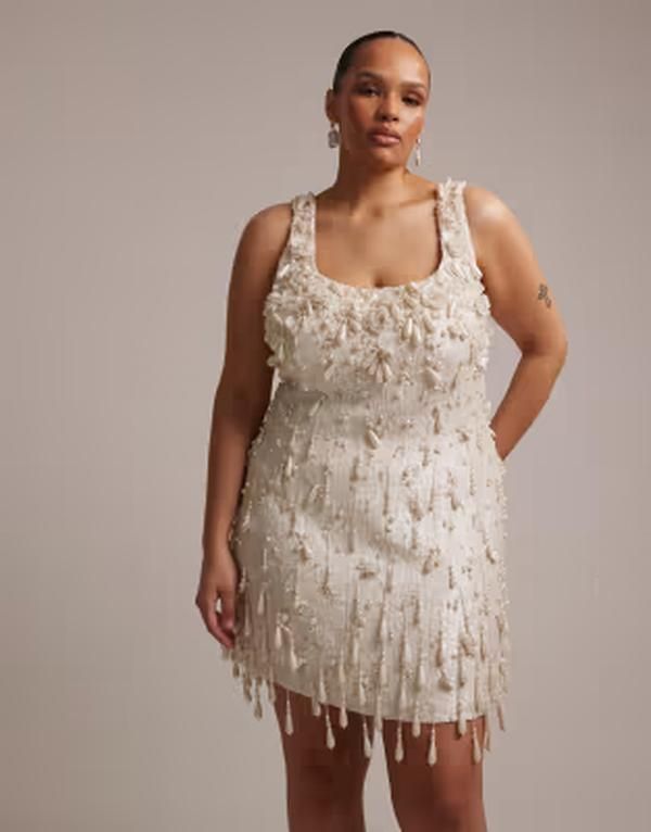 エイソス レディース トップス ワンピース ミニ ASOS Curve ASOS DESIGN Curve pearl all over embellished mini dress IVORY アイ