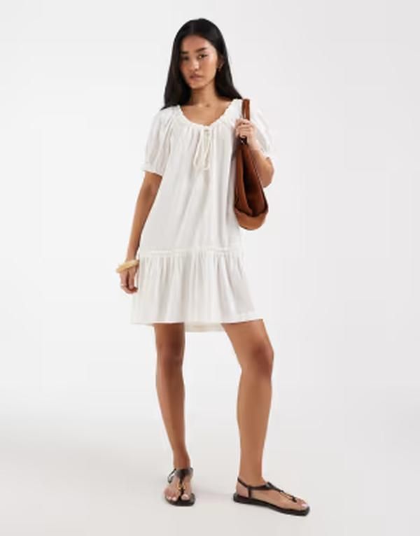 オンリー レディース トップス ワンピース ミニ リネン ONLY linen blendropped hemini dress Cloudancer ホワイト