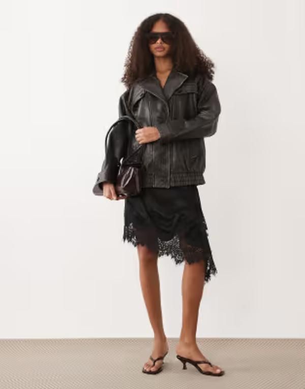 マンゴ レディース アウター ジャケット・ブルゾン レザー Mango 100 leather oversized jacket in distressed BROWN ブラウン 104,390円