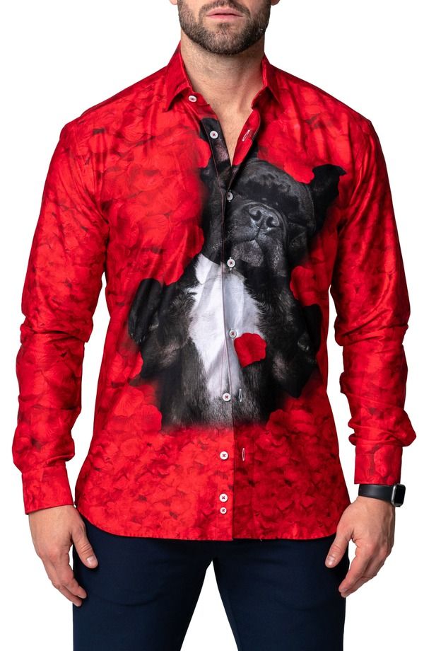 マセオ メンズ トップス シャツ Maceoo Fibonacci Valentines Dog Contemporary Fit ButtonUp Shirt Red レッド