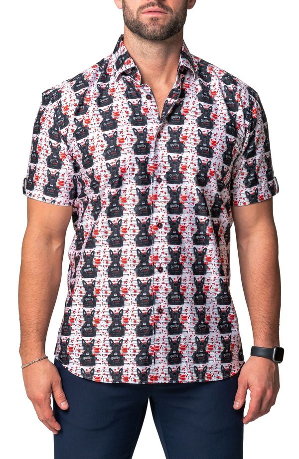 マセオ メンズ トップス シャツ レギュラーフィット Maceoo Galileo Guilty Dog Regular Fit Short Sleeve ButtonUp Shirt White ホ