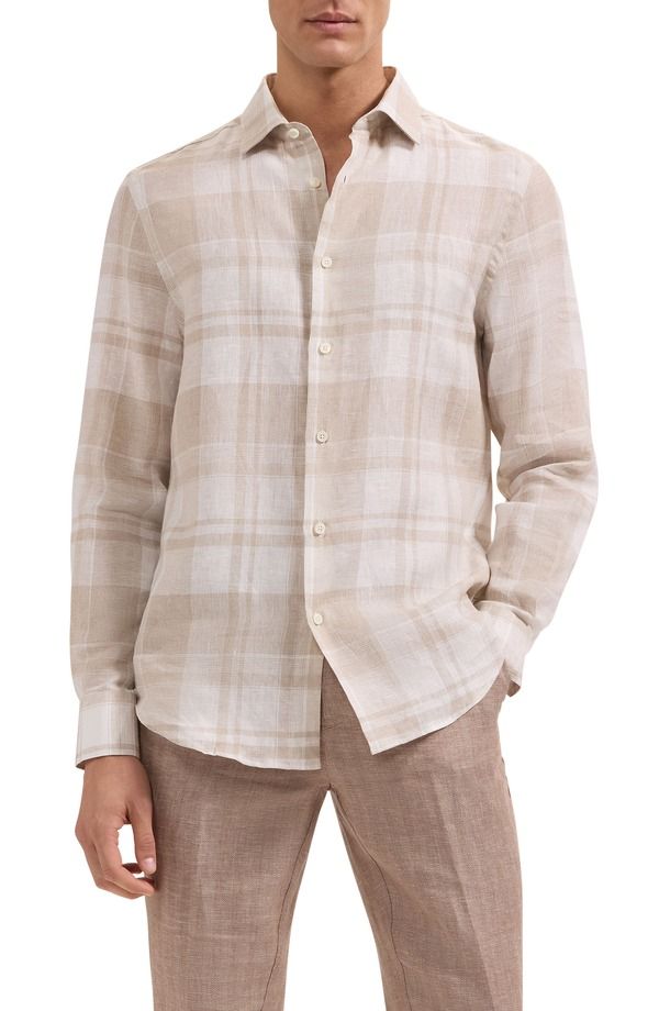 ブガッチ メンズ トップス シャツ リネン Bugatchi Julian Shaped Fit Plaid Linen ButtonUp Shirt Sand サンド