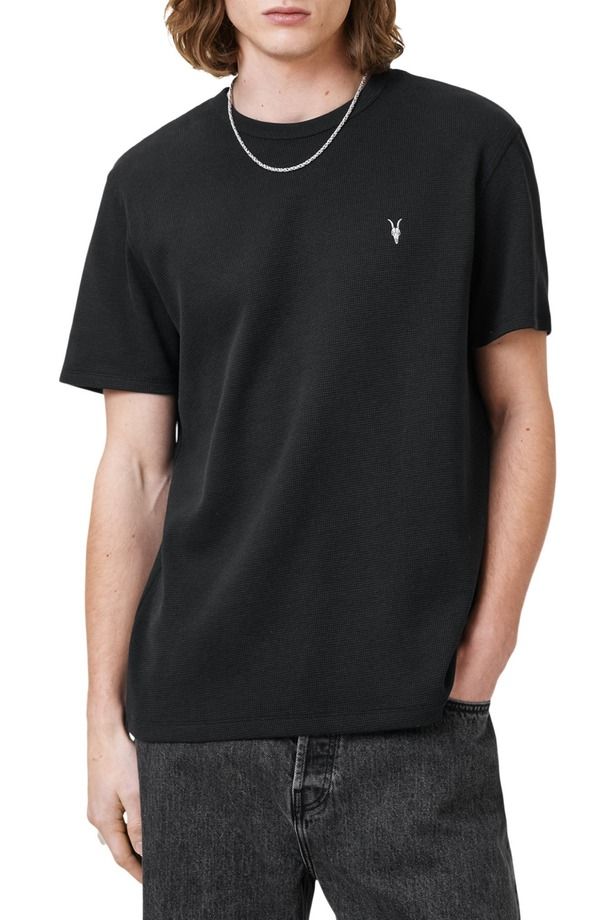 オールセインツ メンズ トップス Tシャツ コットン ニット AllSaints Ellis Waffle Knit Cotton TShirt Jet Black ブラック