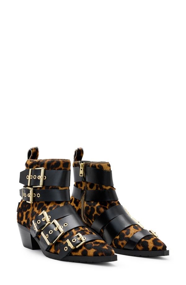 オールセインツ レディース シューズ ブーツ・レインブーツ AllSaints Jane Buckle Bootie Leopard Brown Black Calf Hair ブラック