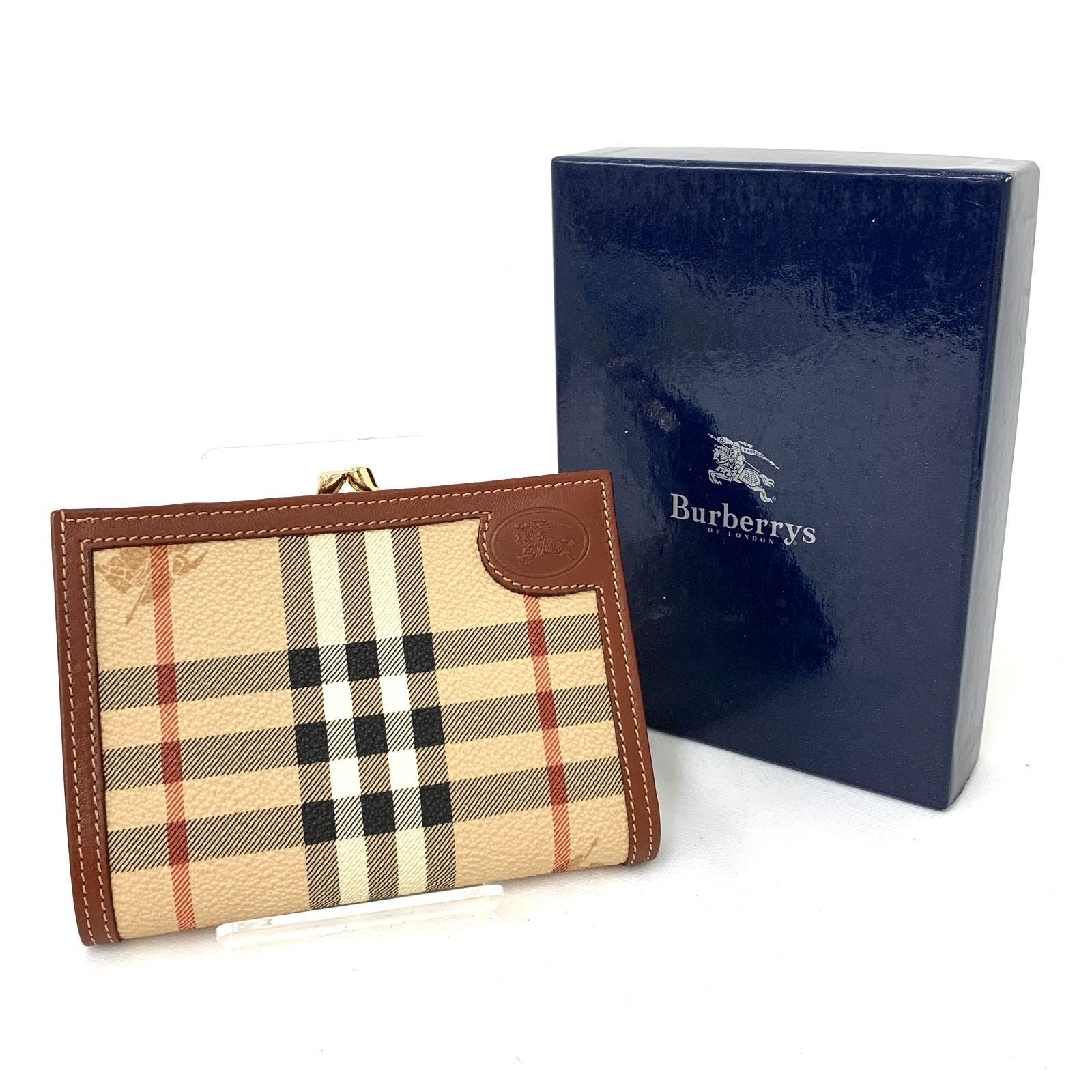 D9028 BURBERRY バーバリー ノバチェック PVC×レザー がま口 二つ折り財布 コンパクトウォレット ミドルウォレット キャメル×ベージュ