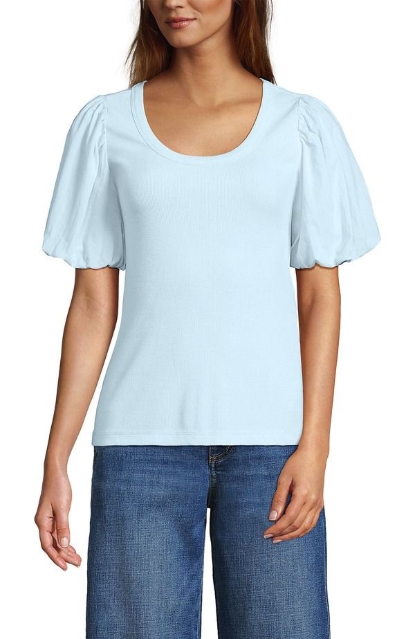 ランズエンド レディース トップス シャツ Lands Endrapey Rib Puff Sleeve Scoop Neck Top Soft Ice Blue ブルー