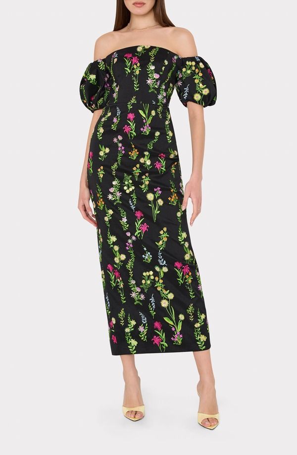 ミリー レディース トップス ワンピース 刺繍 Milly Nira Bloom Embroidered Off the Shoulder Gown Black Mult ブラック