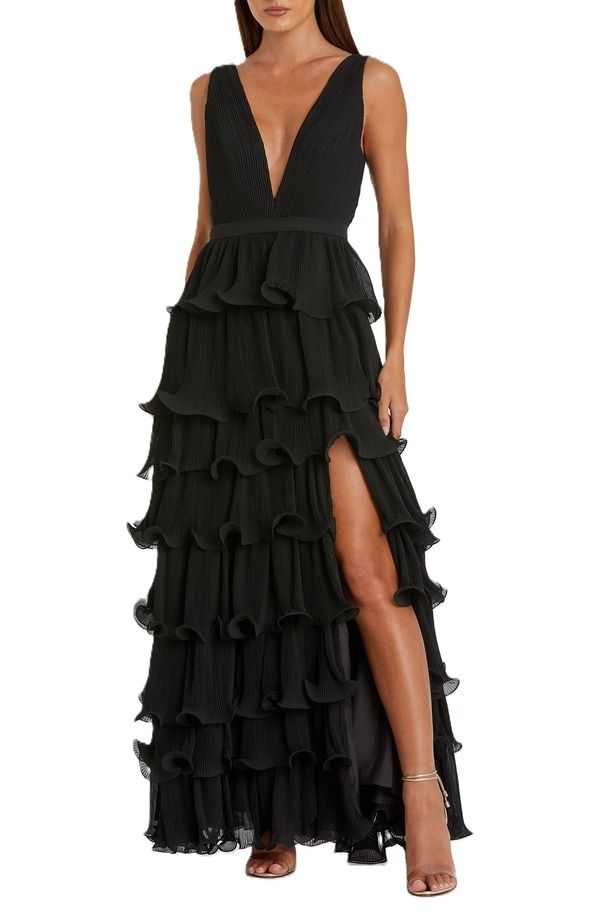 マックダガル レディース トップス ワンピース Vネック ティアード フリル ノースリーブ Mac Duggal Sleeveless Ruffle Tiered V Neck Gown Black 76,340円