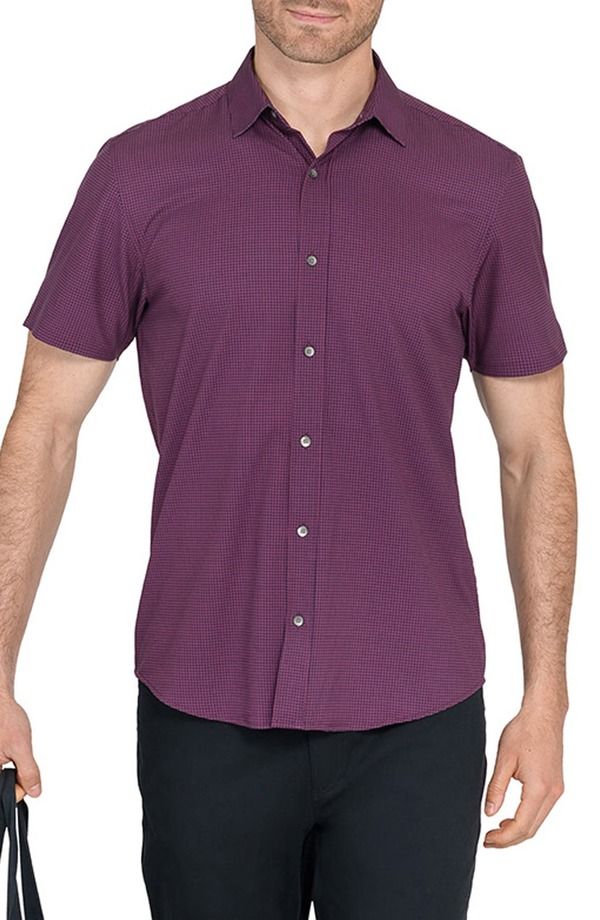 ダブリューアールケー メンズ トップス シャツ WRK Trim Fit Houndstooth Short Sleeve Performance ButtonUp Shirt Burgundy バー
