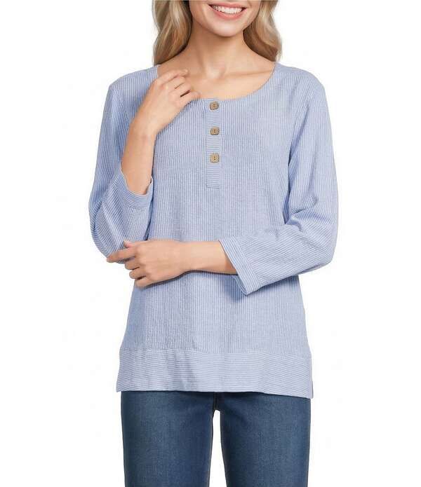 アリ マイルス レディース トップス シャツ プチ Ali Miles Petite Size YarnDye Woven Stripe Round Neck 34 Cuffed Sleeve But